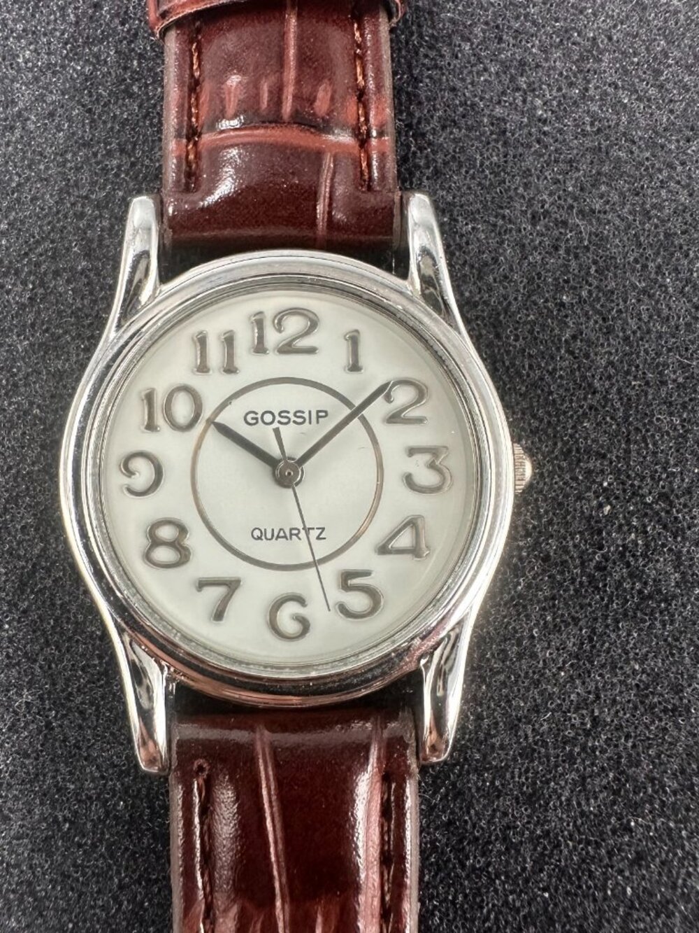 3/$30 Gossip Watch Women Silver Tone White Dial 29MM Brown Band New Battery 8"